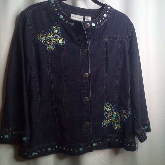 Alfred Dunner Jean Jacket 10P 10 Petite Button Up Butterfly Beading Denim Blue - Picture 1 of 15